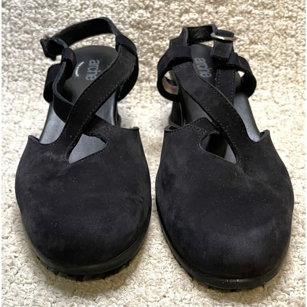 Arche Black Nubuck Suede Shoes 41 10 Cross Strap Wedge Heels Slingbacks - Picture 7 of 11